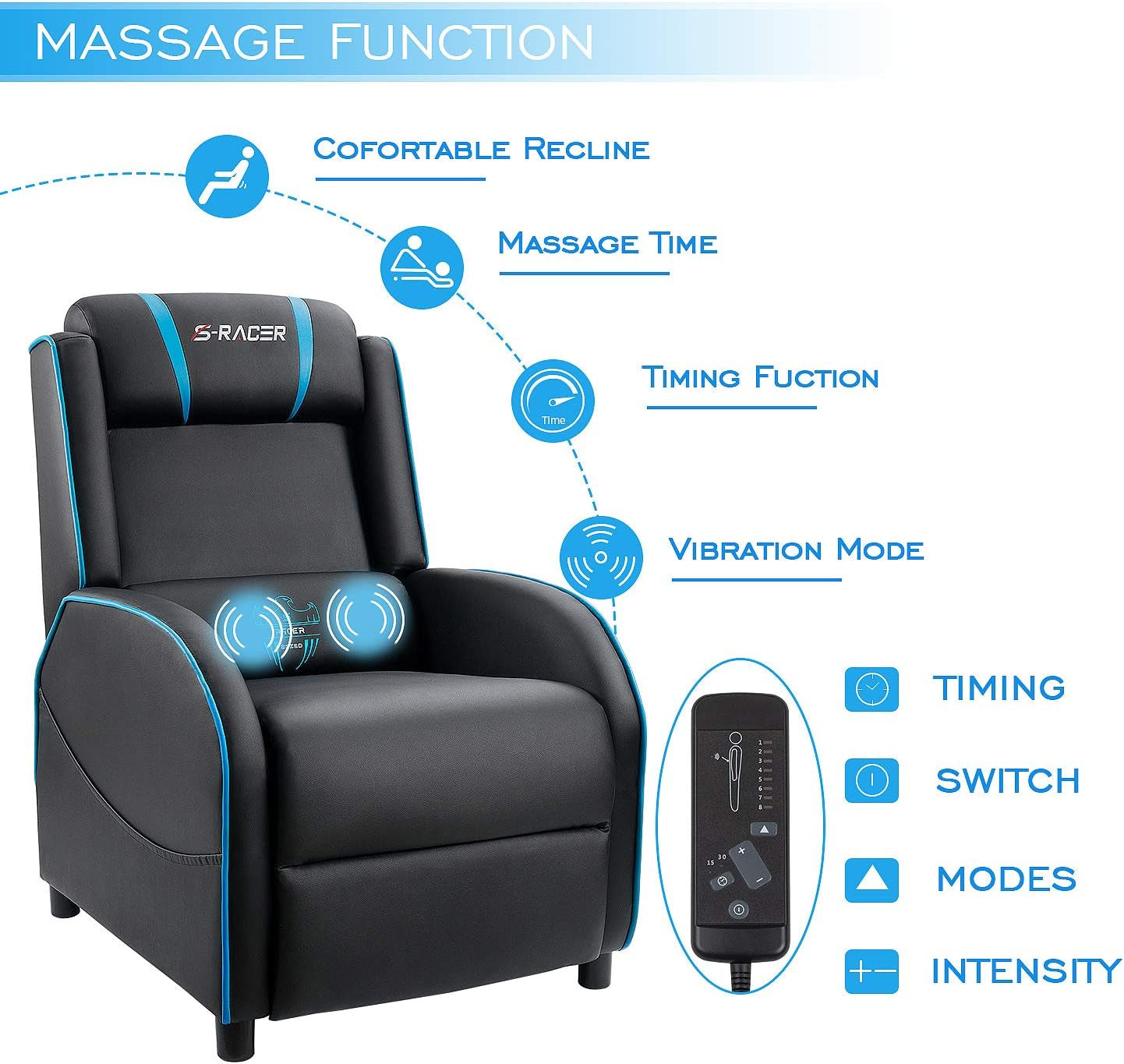 Massage Gaming Recliner Chair, Racing Style Gaming Sofa, PU Leather Home Theater Seating, Modern Living Room Recliners Ergonomic Comfortable Gamer Lounge (Blue)