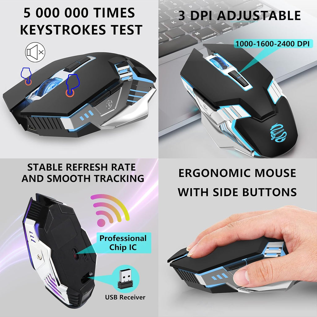 Bluetooth Mouse Wireless, Rechargeable, Multi-Device(2.4G/Bt5.0/Bt3.0), 7 Buttons, Silent Click, Ergonomic, 7-Color Backlit, LED Light up Mice for Laptop, Computer, Mac, PC, Chromebook - Black