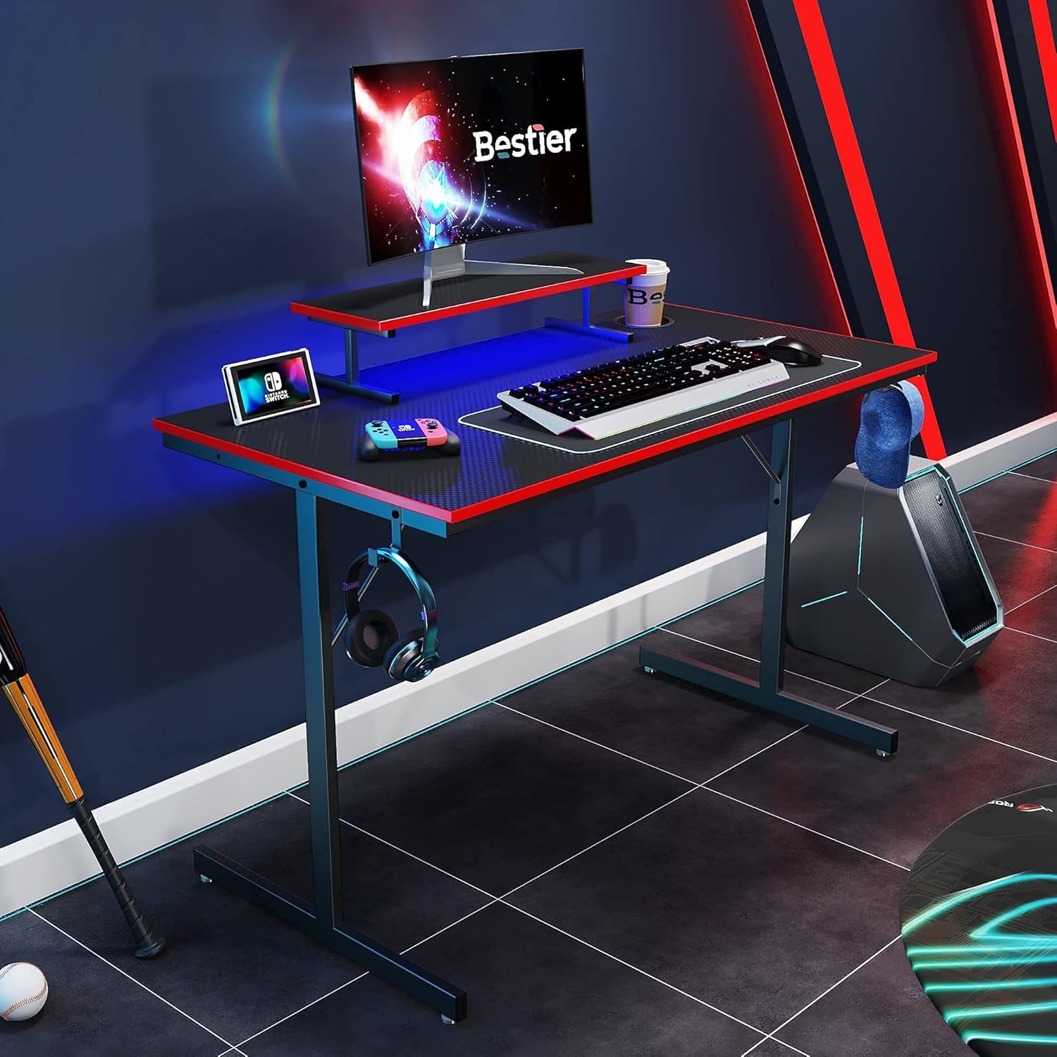 Gaming Desk with LED Lights 44" Small Computer Desk for Home Office Table with Cup Holder and 2 Headphone Hooks, Black