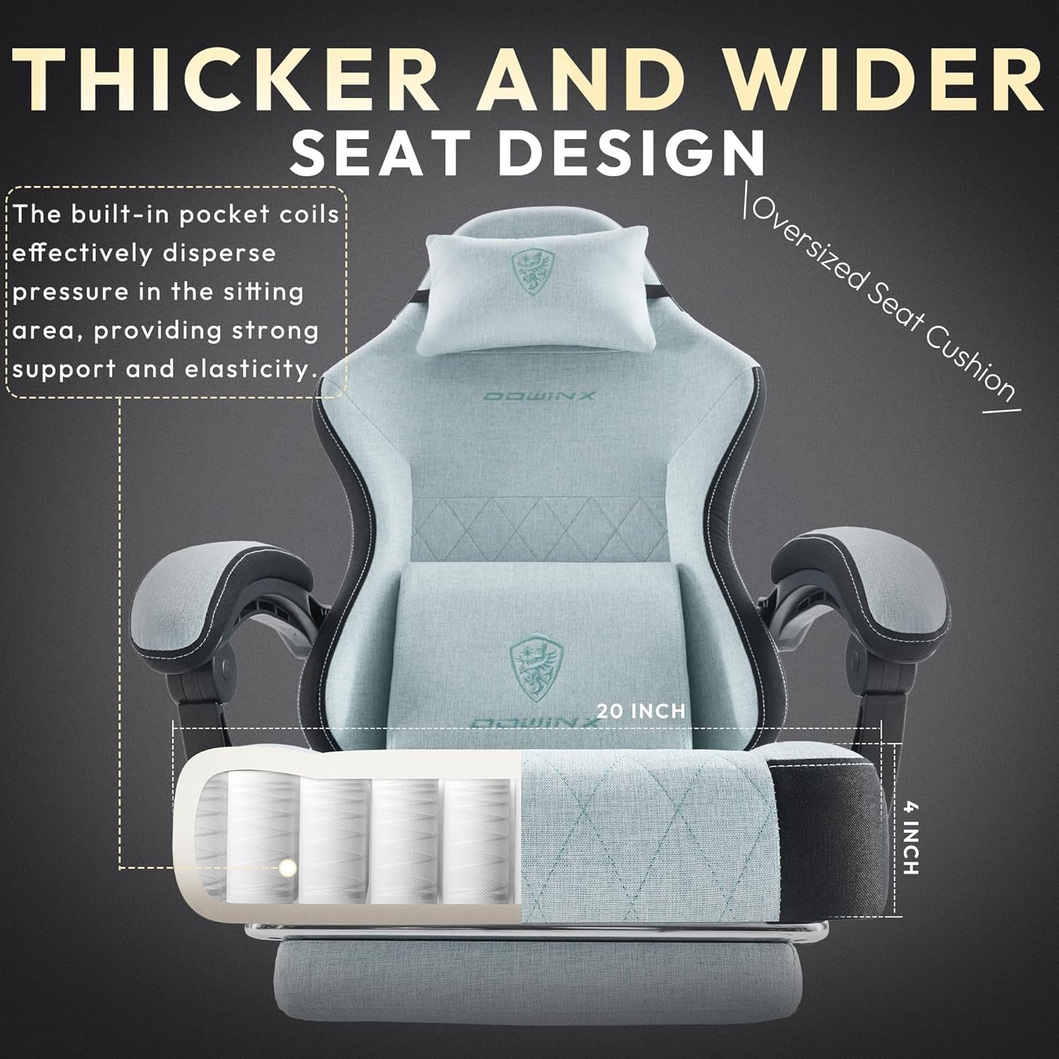 Gaming Chair, Breathable Fabric Computer Chair with Pocket Spring Cushion, Ergonomic Massage Gamer Chair with Lumbar Support and Footrest, Height Adjustable Office Game Chairs for Adults, Aqua