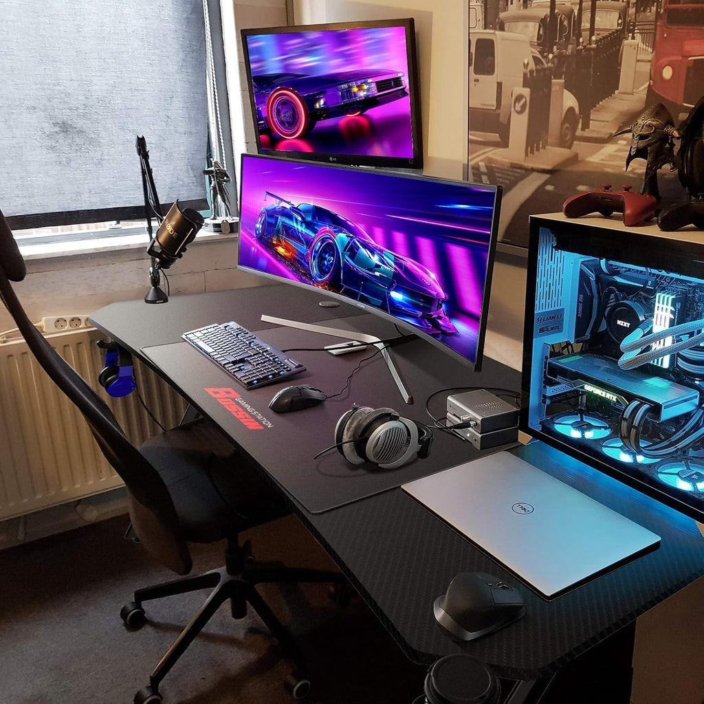 Gaming Desk 63 Inch Gamer Computer Desk Racing Style Office Table Gamer Pc Z Shaped Game Station with Free Mouse Pad,Usb Charging,Handle Rack, Cup Holder and Headphone Hook(63Inch, Black)