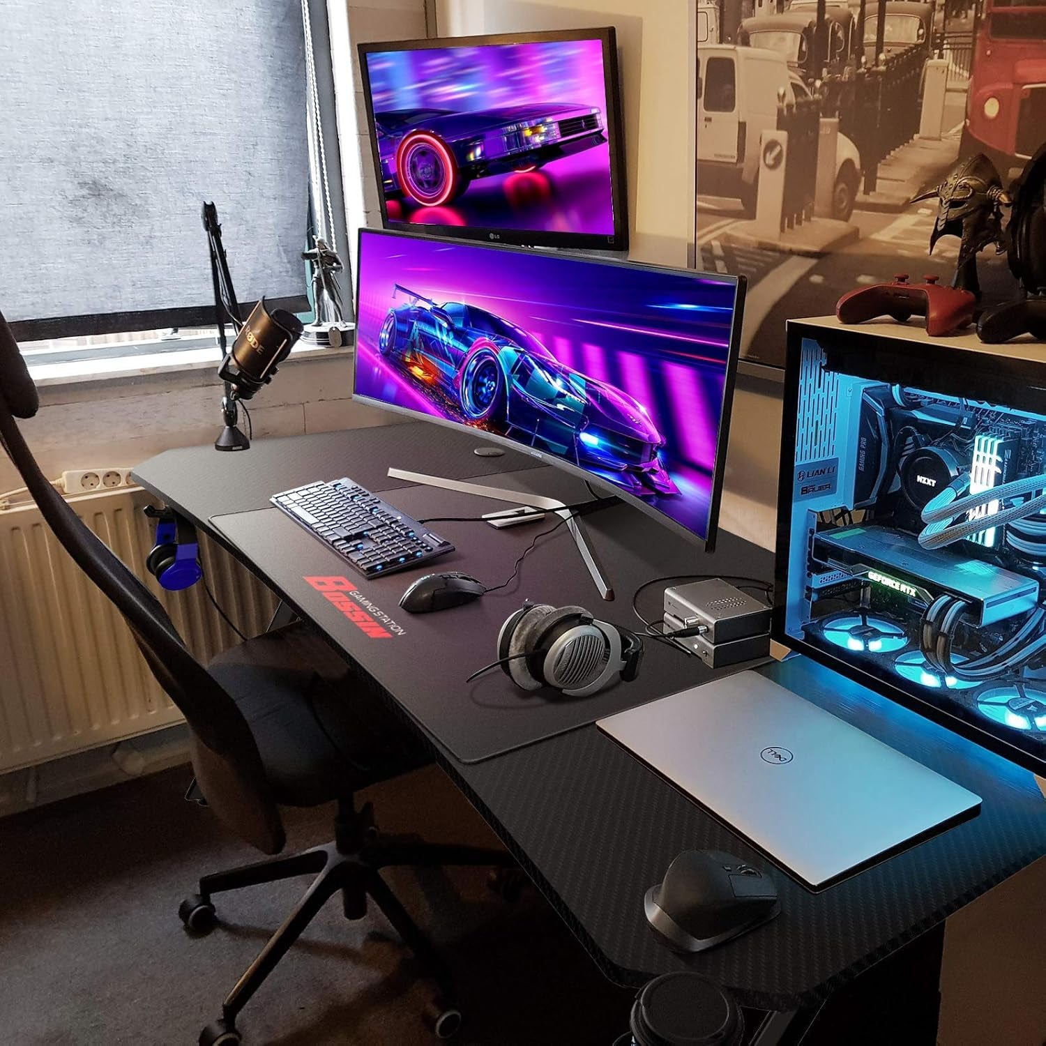 Gaming Desk 63 Inch Gamer Computer Desk Racing Style Office Table Gamer Pc Z Shaped Game Station with Free Mouse Pad,Usb Charging,Handle Rack, Cup Holder and Headphone Hook(63Inch, Black)