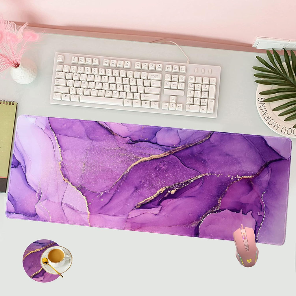 Large Gaming Mousepad and Coffe Coaster, XL Purple Marble Desk Mat Mouse Pad Large Non Slip Rubber Base Mouse Pad with Sewn Edge, Waterproof Keyboard Mousepad, Office Desk Mat, Suitable for Work,