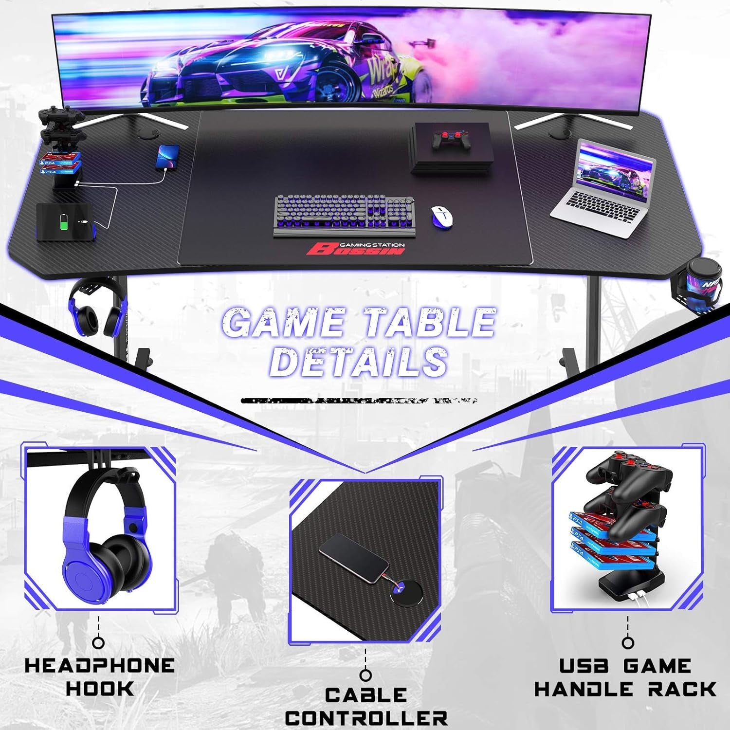 Gaming Desk 63 Inch Gamer Computer Desk Racing Style Office Table Gamer Pc Z Shaped Game Station with Free Mouse Pad,Usb Charging,Handle Rack, Cup Holder and Headphone Hook(63Inch, Black)