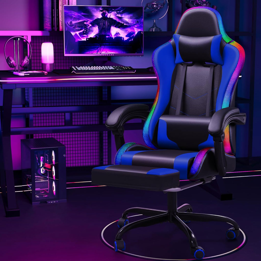 Gaming Chair with LED Lights, Footrest and Massage Lumbar Support, Ergonomic Computer Seat Height Adjustable with 360°Swivel and Headrest, Blue with RGB