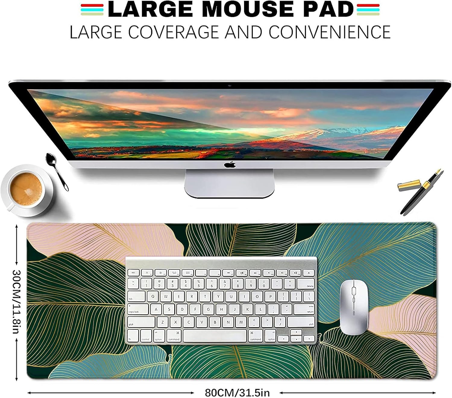 Desk Pad, Keyboard Mouse Pad, Large Anti-Slip Rubber Base Mousepad with Stitched Edges, Extended Long Mice Pad for Computer,Laptop,Work,Office, 31.5 X 11.8 Inch, Gold Green Leaves Line Art