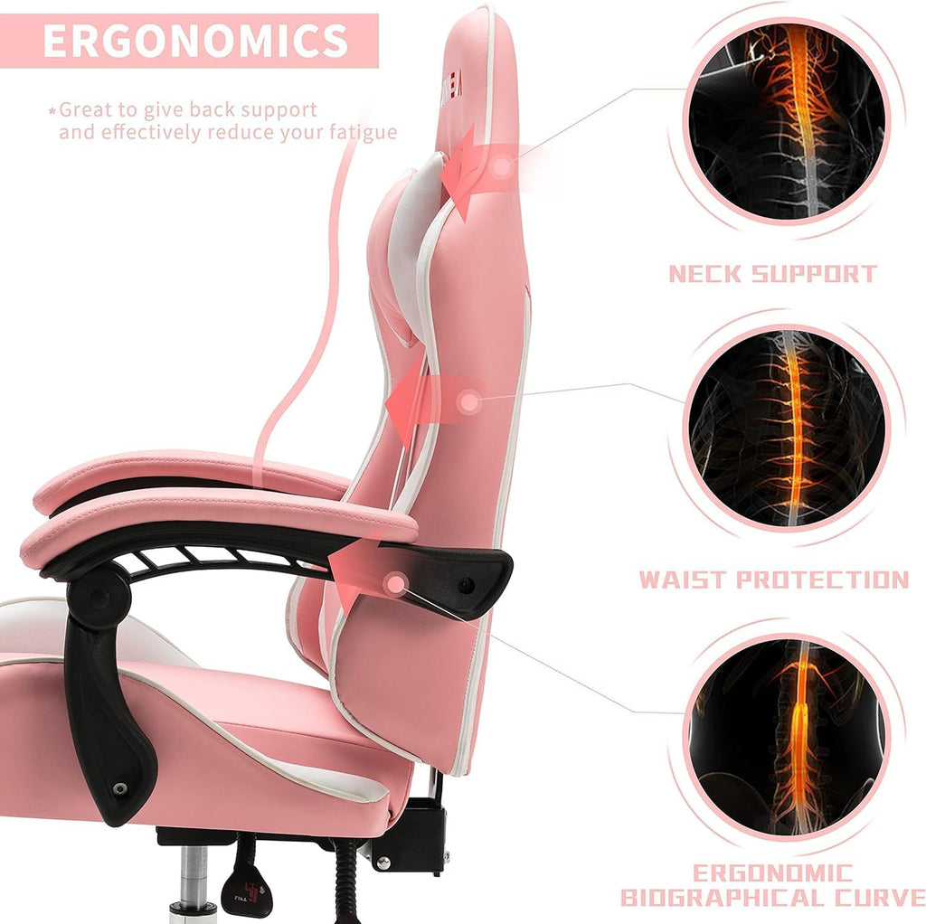Gaming Chair with Massager, Fabric Gaming Chairs for Adults, Ergonomic Gamer Chair with Adjustable Headrest and Lumbar Support, Reclining Computer Game Chair, High Back, Pink White