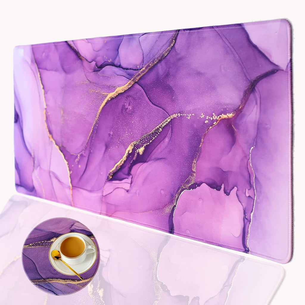 Large Gaming Mousepad and Coffe Coaster, XL Purple Marble Desk Mat Mouse Pad Large Non Slip Rubber Base Mouse Pad with Sewn Edge, Waterproof Keyboard Mousepad, Office Desk Mat, Suitable for Work,