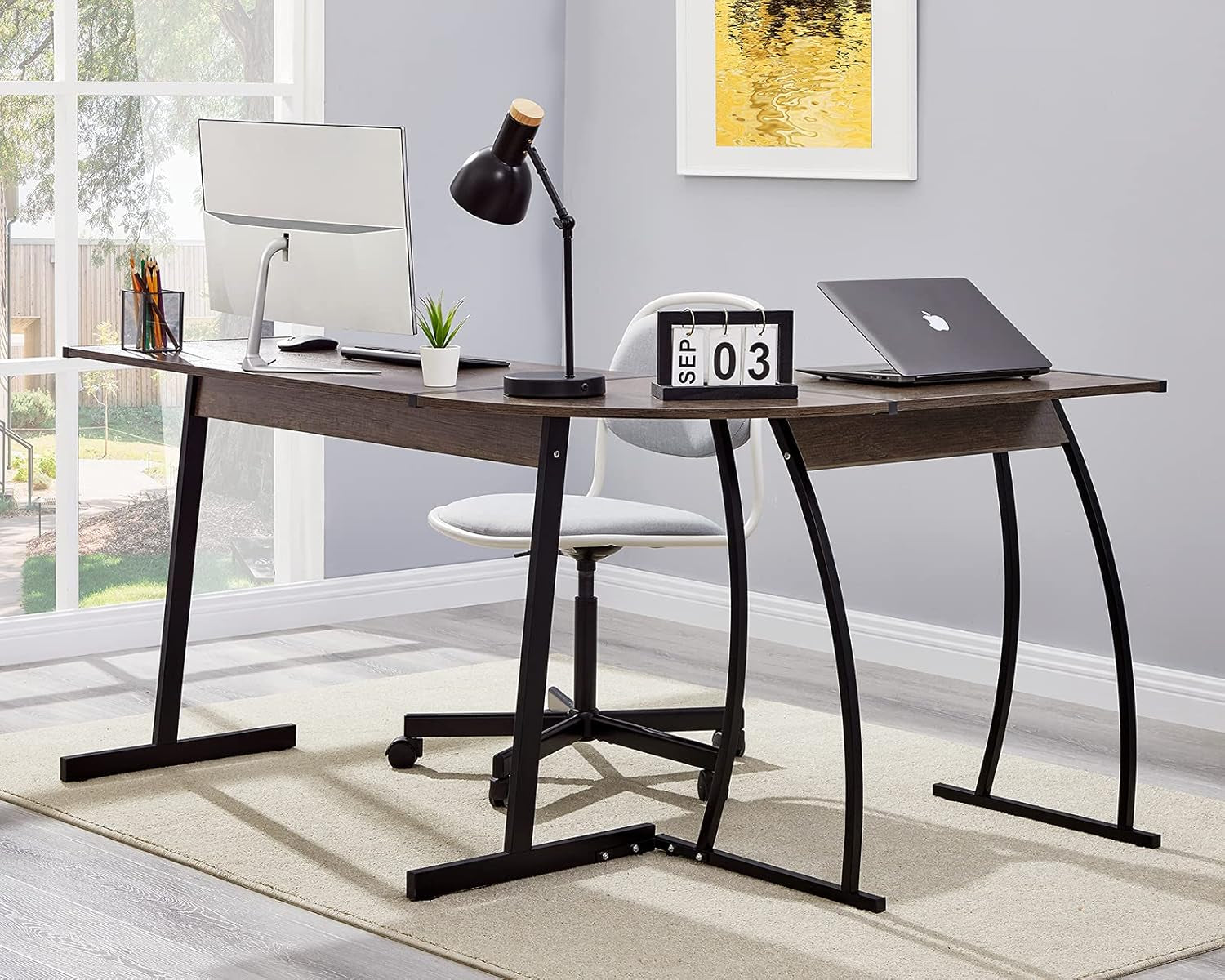 L Shaped Gaming Computer Desk 58.1 Inch, L-Shape Corner Gaming Table, Writing Studying PC Laptop Workstation 3-Piece for Home Office Bedroom, Dark Walnut