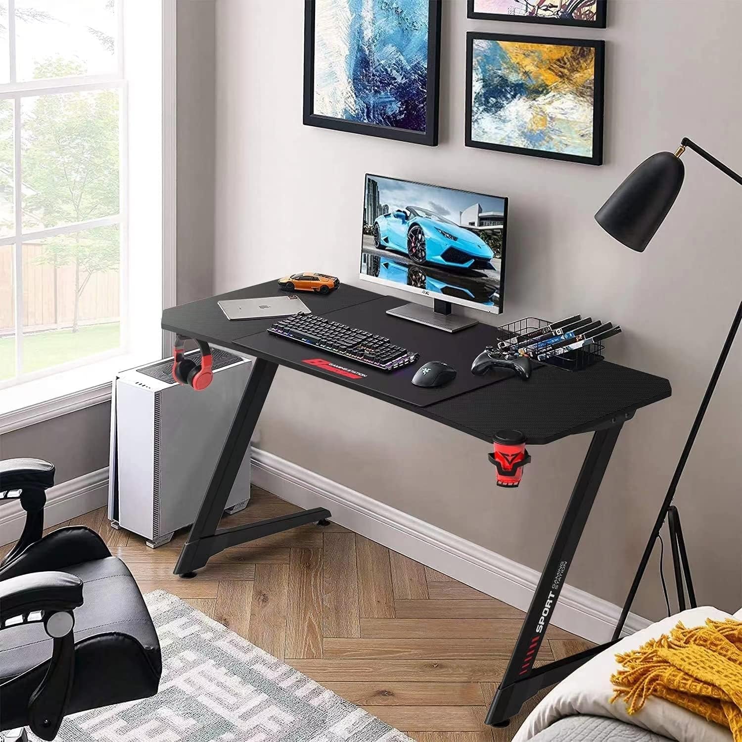 Ergonomic Gaming Desk 55 Inch, Z Shaped Office PC Computer Desk with Mouse Pad, Gamer Tables with Gaming Handle Rack, Cup Holder Headphone Hook
