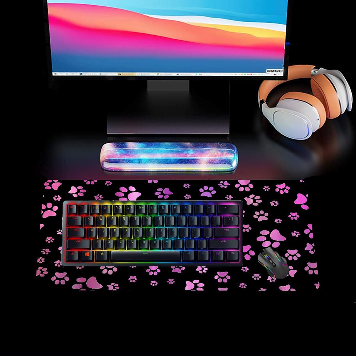 Large Mouse Pad Gaming Mouse Pad No Slip Rubber Extended Mousepad 23.6 X13.8 Inch Waterproof Mouse Mat Cute Purple and Black Dog Paw Print