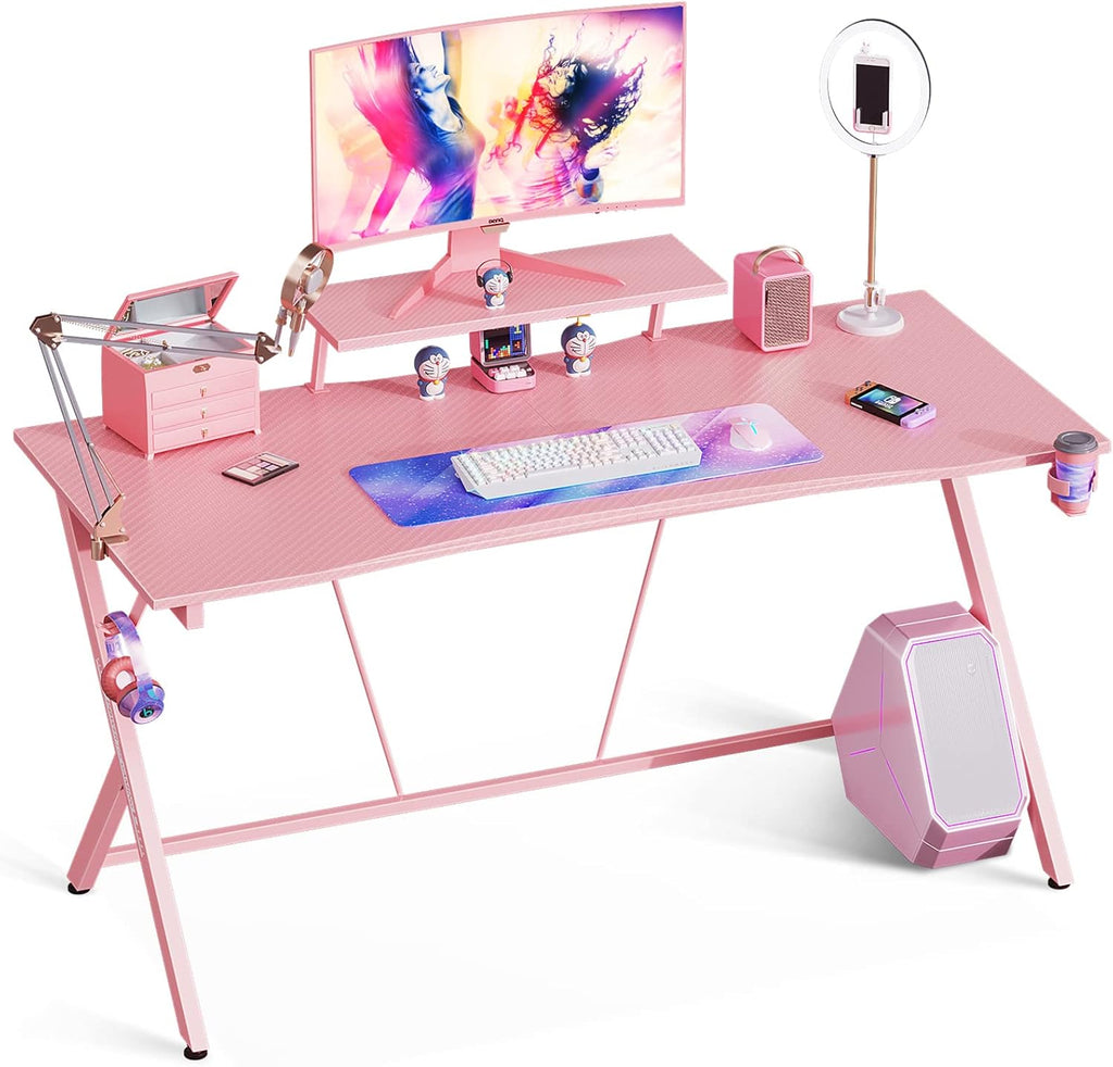 Gaming Desk 60" with Monitor Shelf Gaming Table Desk for Girls Home Computer Desk with Cup Holder and Headphone Hook Gamer Workstation Game Table, Pink