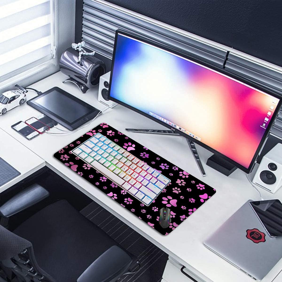 Large Mouse Pad Gaming Mouse Pad No Slip Rubber Extended Mousepad 23.6 X13.8 Inch Waterproof Mouse Mat Cute Purple and Black Dog Paw Print