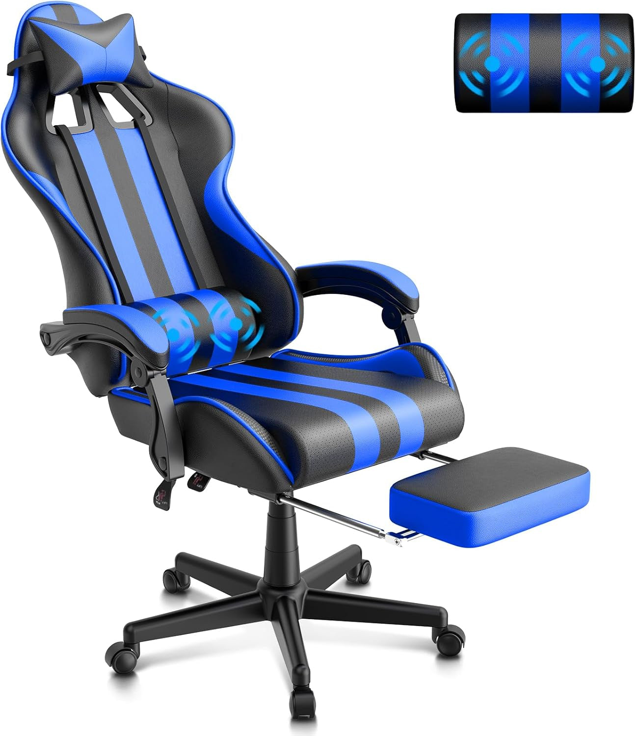 Blue Gaming Chairs with Footrest, PC Gaming Chairs for Adults Teens, Racing Style, Luxurious Comfort, Waterproof PU Leather