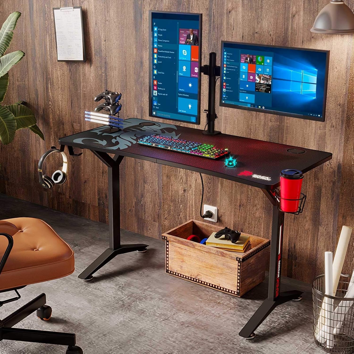 Gaming Desk 47INCH with Dual Monitor Mount, Carbon Fiber Surface Gamer Desk with Full Desk Mouse Pad, Ergonomic Y Shaped Gamer Table with Outlet Organizer, Gaming Rack