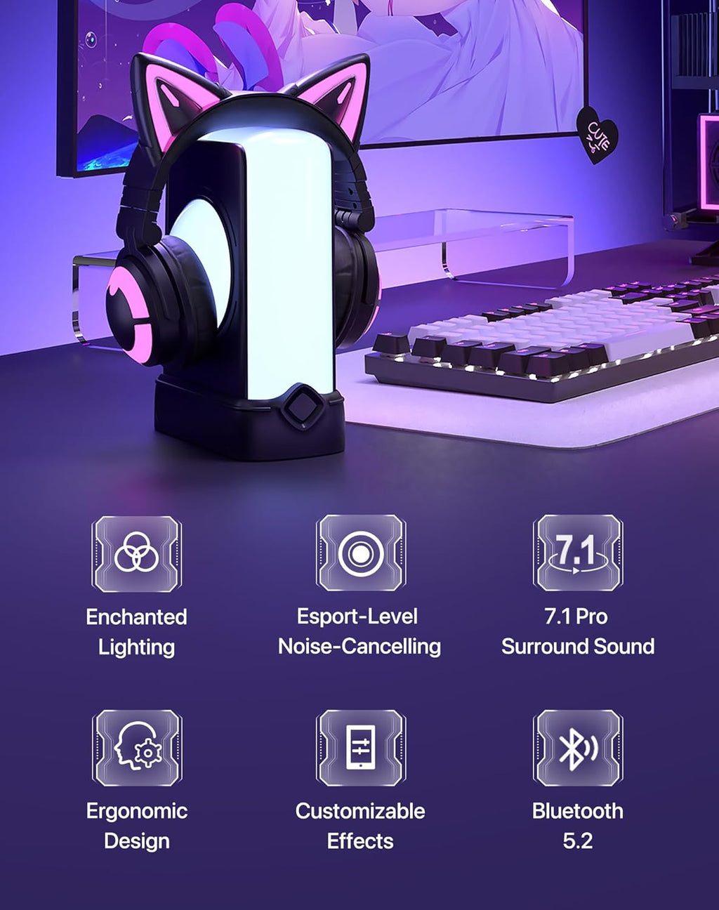 Cat Ear Headphones, Cute Cat Ear Gaming Headsets with Bluetooth 5.2 for Pc/Pe/Switch/Ps4/Ps5, Built-In Mic & Customizable RGB Light Effect for Anime Lovers(Ce Black)