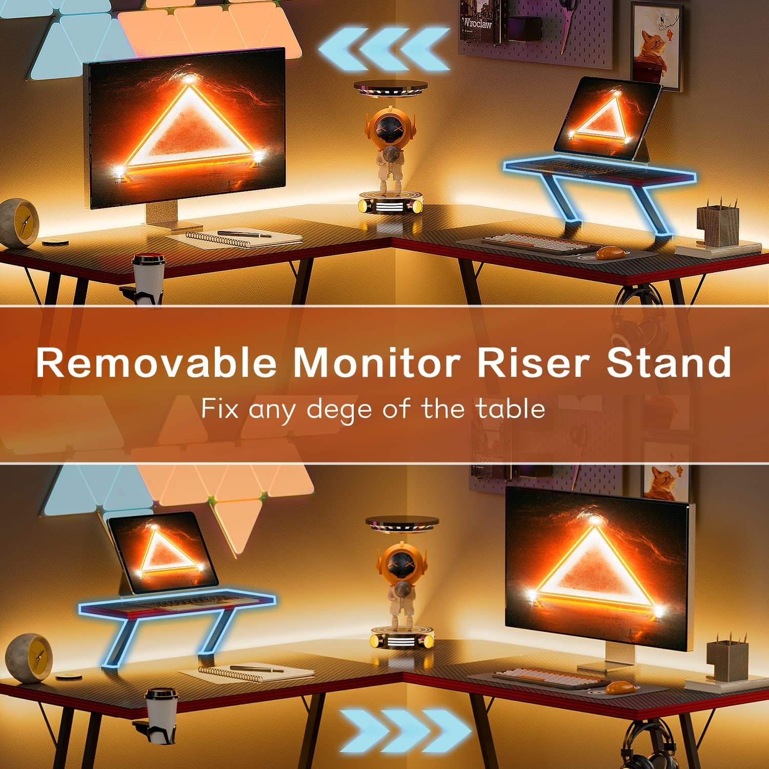 L Shaped Gaming Desk 51 Inch Computer Table, Carbon Fiber Surface Desktop, Monitor Stand with LED Strip, Cup Holder & Headphone Hook, 50.5 Inch, Black