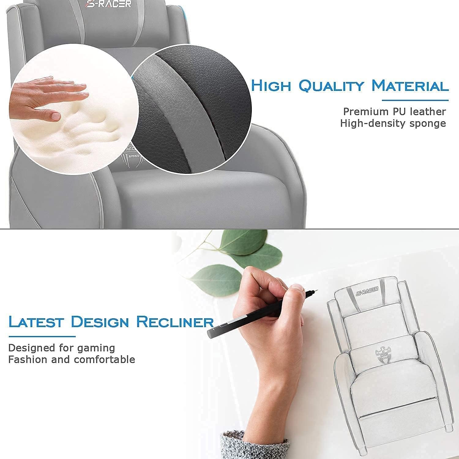 Massage Gaming Recliner Chair, Racing Style Gaming Sofa, PU Leather Home Theater Seat, Living Room Ergonomic Comfortable Gamer Lounge(Grey)