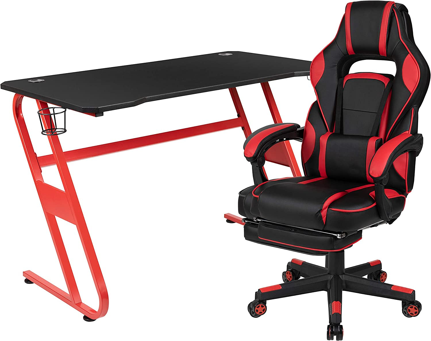 Gaming Bundle-Cup/Headphone Desk & Red Reclining Footrest Chair