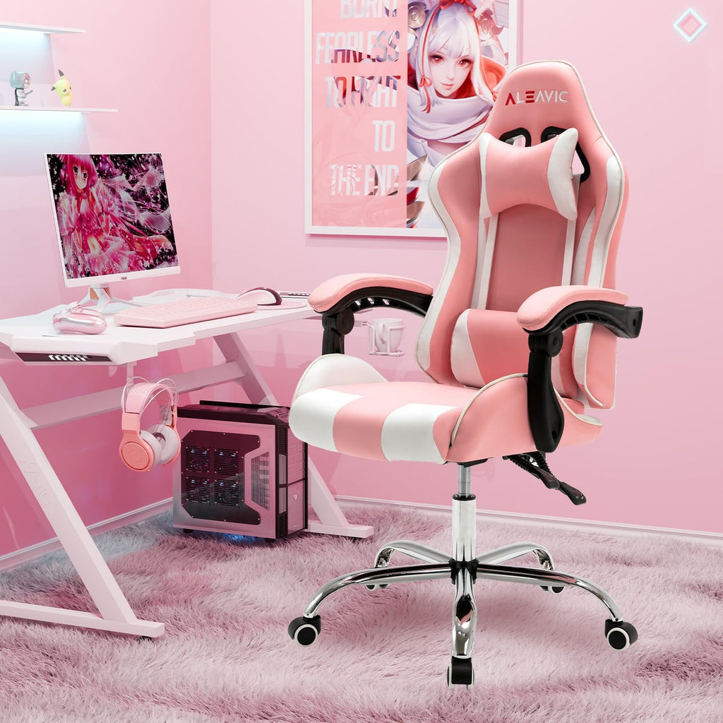 Gaming Chair with Massager, Fabric Gaming Chairs for Adults, Ergonomic Gamer Chair with Adjustable Headrest and Lumbar Support, Reclining Computer Game Chair, High Back, Pink White