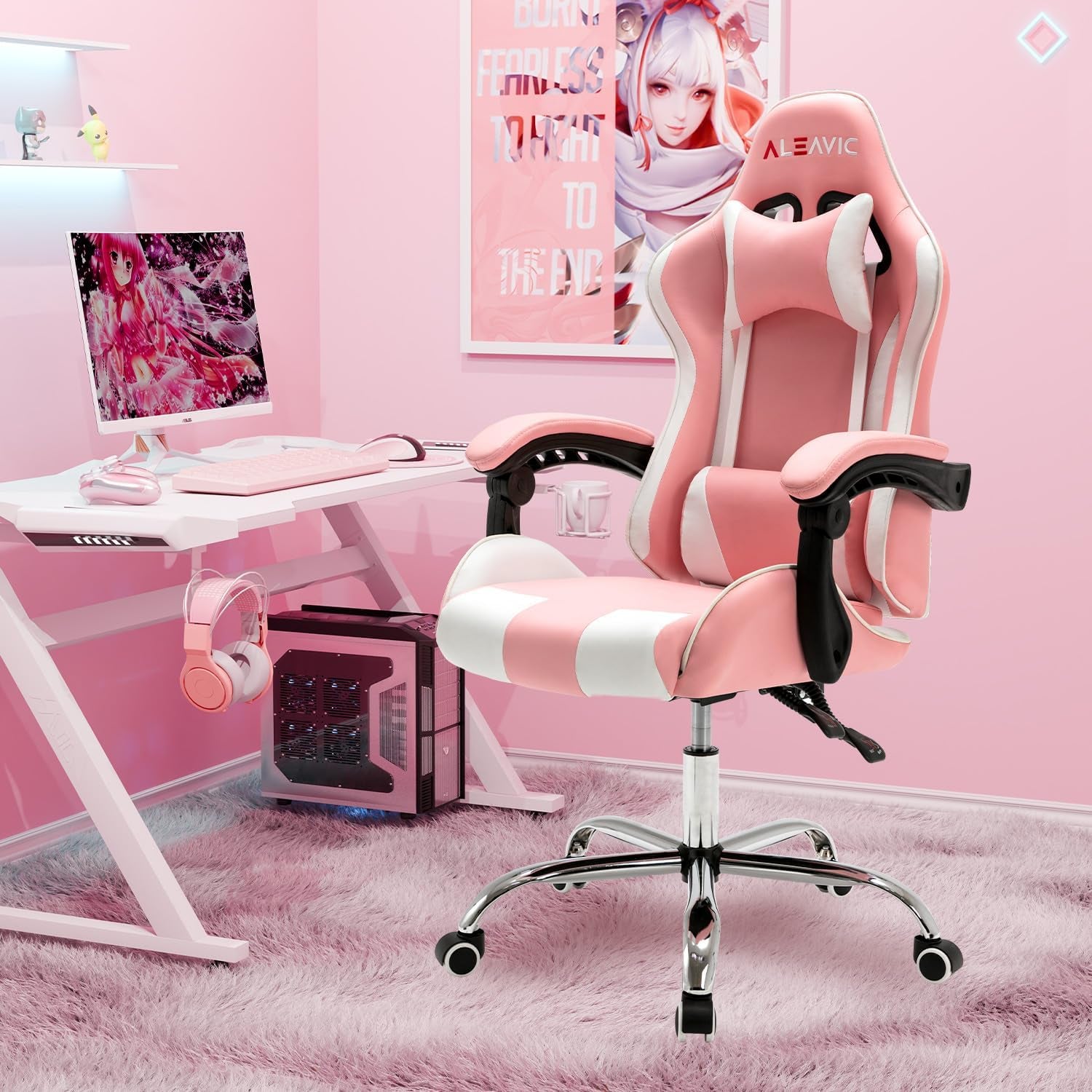 Gaming Chair with Massager, Fabric Gaming Chairs for Adults, Ergonomic Gamer Chair with Adjustable Headrest and Lumbar Support, Reclining Computer Game Chair, High Back, Pink White