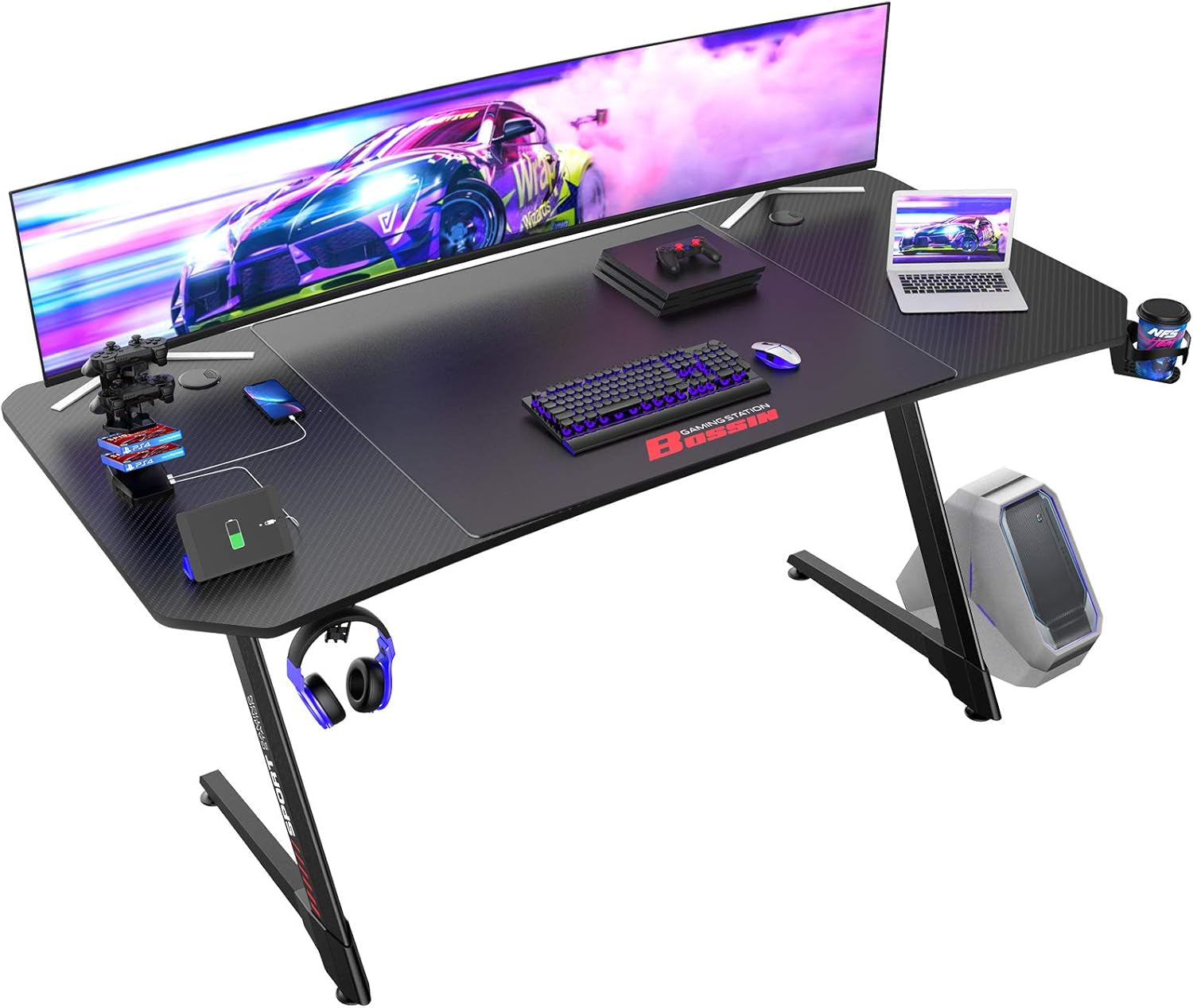 Gaming Desk 63 Inch Gamer Computer Desk Racing Style Office Table Gamer Pc Z Shaped Game Station with Free Mouse Pad,Usb Charging,Handle Rack, Cup Holder and Headphone Hook(63Inch, Black)