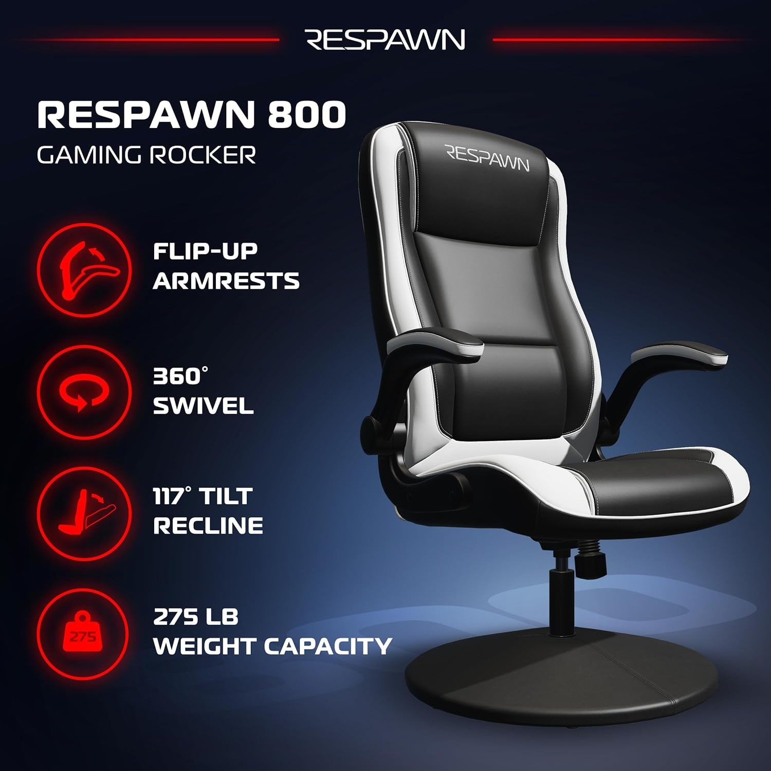 800 Swivel Rocker Gaming Chair - Ergonomic Floor Gaming Seat with Lumbar Support, Flip up Armrest, High Back, Pedestal Base, Comfortable No Wheels Console Video Game Rocker Chair - White
