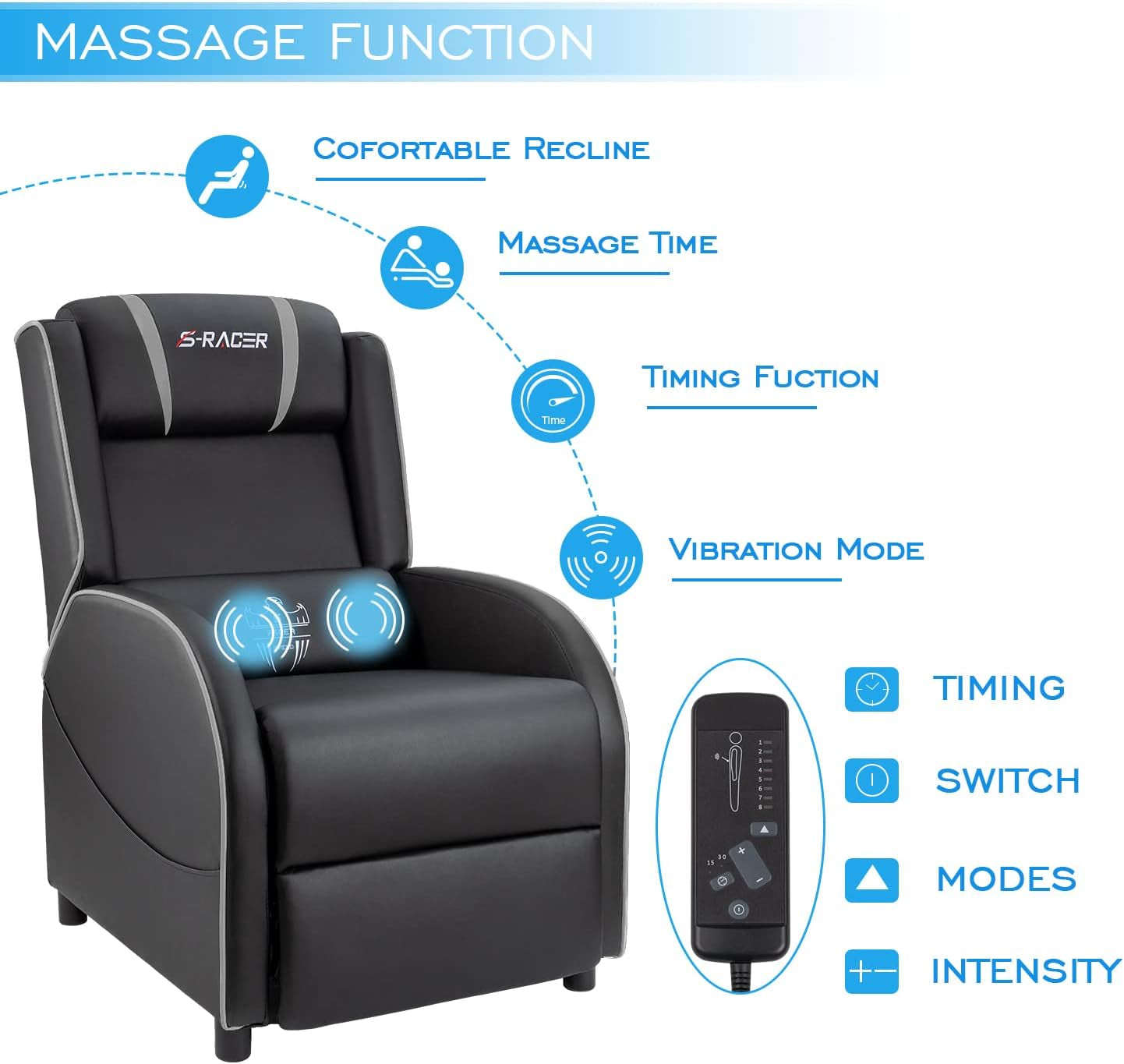 Massage Gaming Recliner Chair, Racing Style Gaming Sofa, PU Leather Home Theater Seat, Living Room Ergonomic Comfortable Gamer Lounge(Grey)