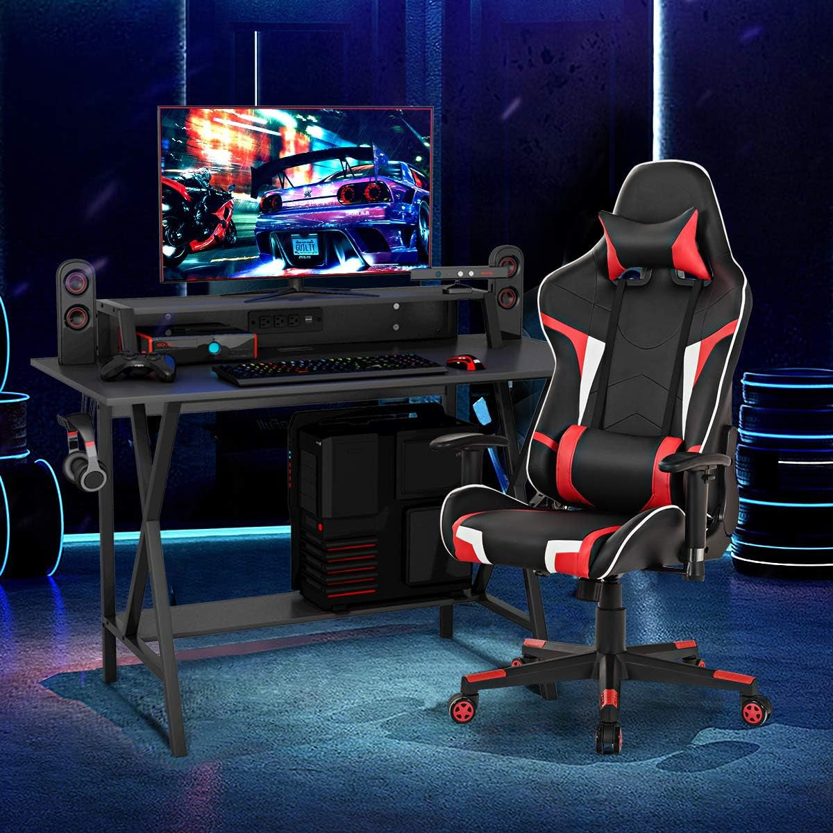 Gaming Desk and Chair Set, Ergonomic E-Sport Gamer Desk & Racing Chair Set W/Cup Holder, Monitor Stand, Earphone Hook, Massage & Headrest, Home Office Computer Desk Chair Set (Red)