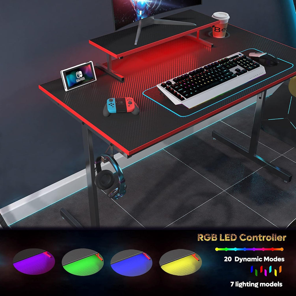 Gaming Desk with LED Lights 44" Small Computer Desk for Home Office Table with Cup Holder and 2 Headphone Hooks, Black