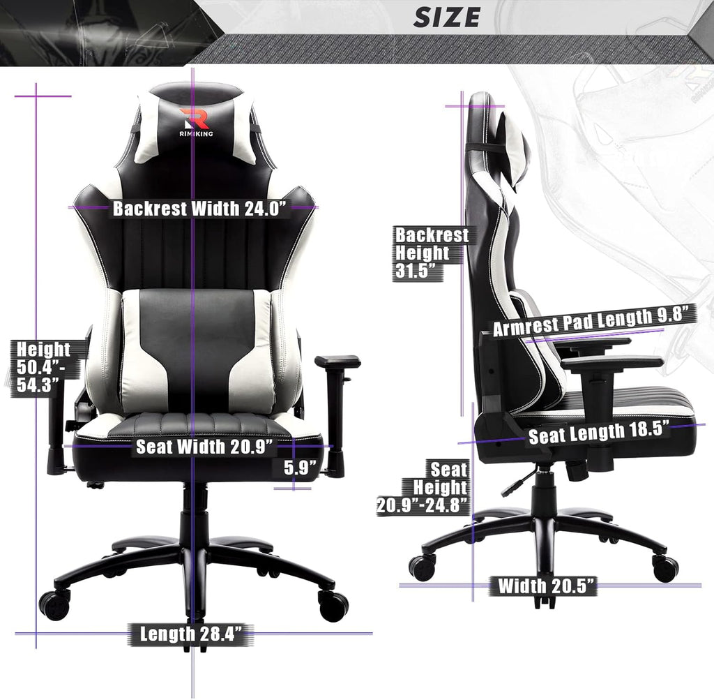 Massage Gaming Chair Big and Tall 350Lbs Ergonomic Wide Seat Video Game Chair High Back PC Computer Office Chair E-Sport Racing Style Rolling Chair Heavy Duty Headrest and Lumbar Support-White