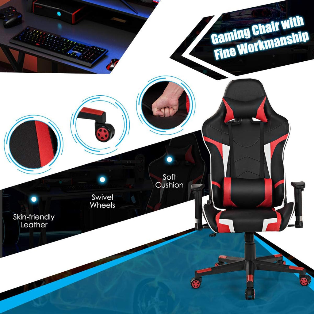 Gaming Desk and Chair Set, Ergonomic E-Sport Gamer Desk & Racing Chair Set W/Cup Holder, Monitor Stand, Earphone Hook, Massage & Headrest, Home Office Computer Desk Chair Set (Red)