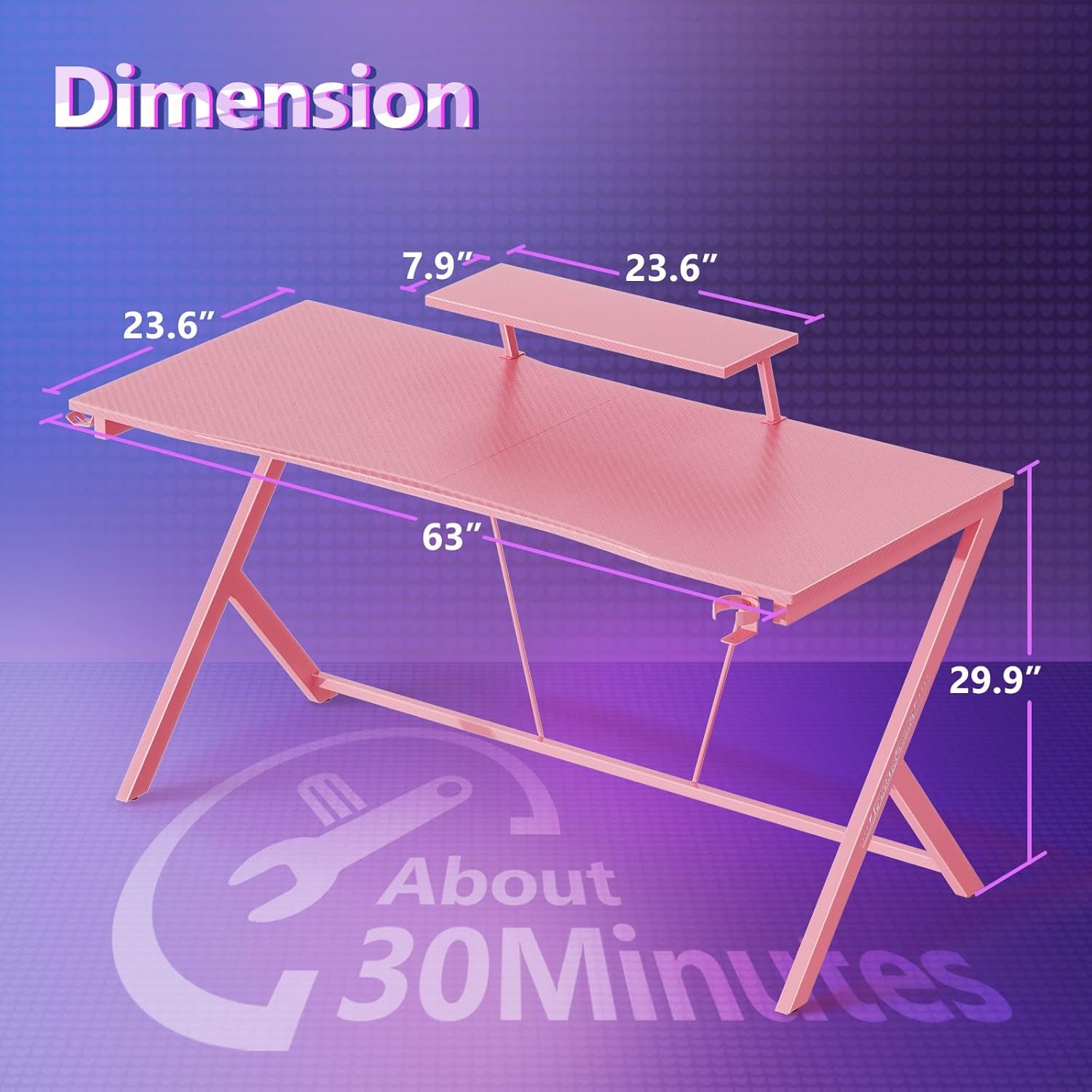 Gaming Desk 60" with Monitor Shelf Gaming Table Desk for Girls Home Computer Desk with Cup Holder and Headphone Hook Gamer Workstation Game Table, Pink