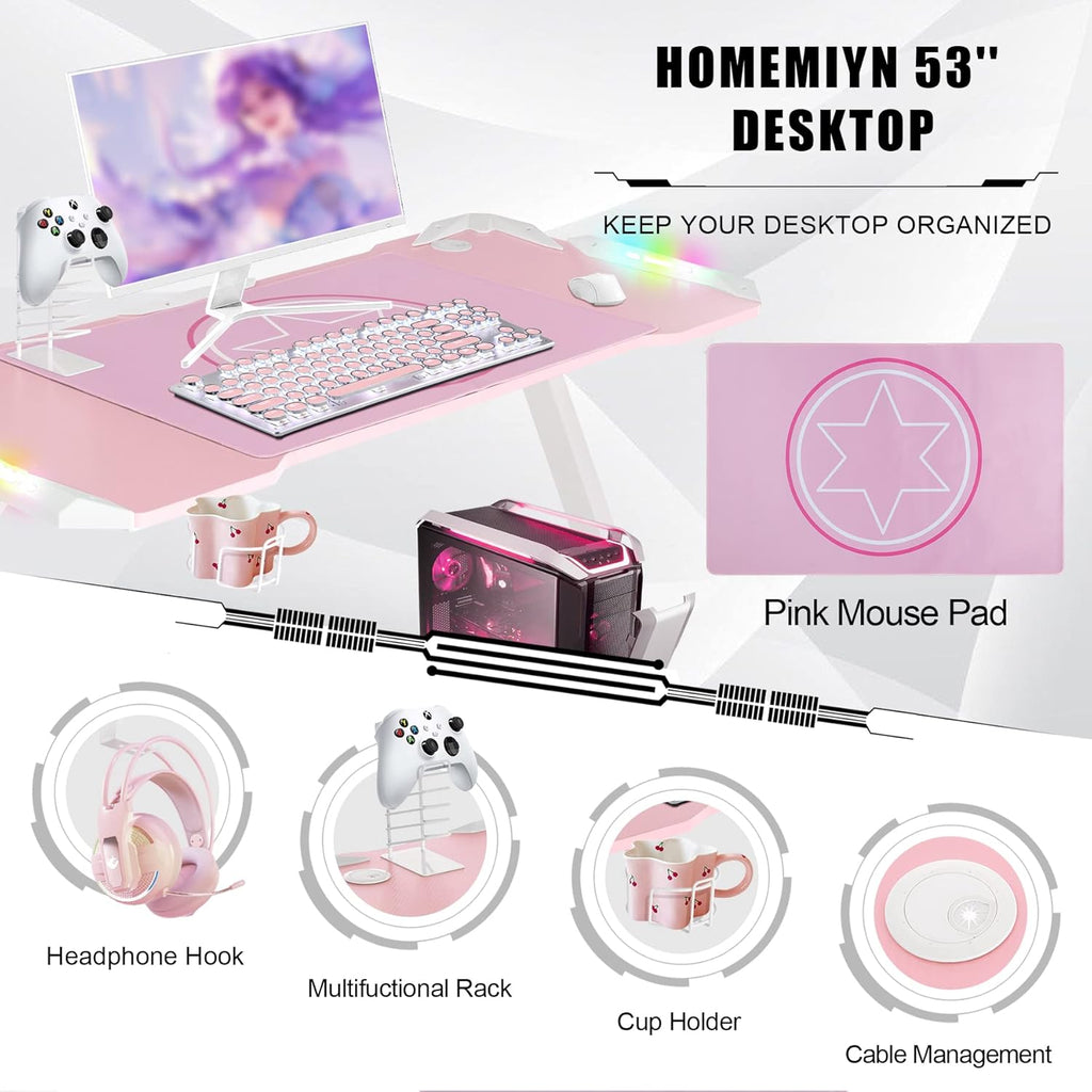53 Inch Pink Gaming Desk, Gaming Computer Desk with RGB LED Light, Large Z Shape Racing Table with Split Joint Desktop Mouse Pad Headphone Hook & Cup Holder for Home Office Bedroom