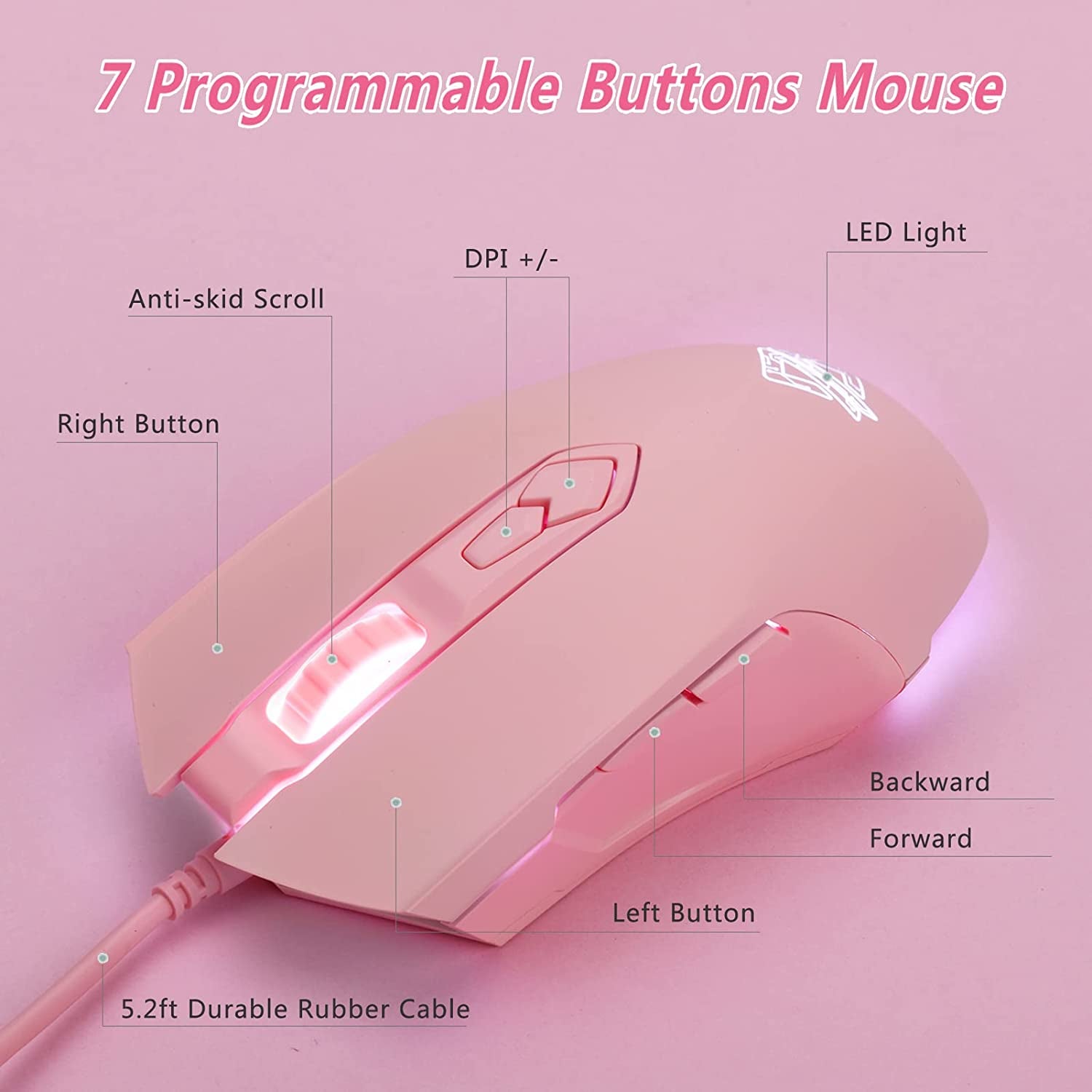 AJ52 RGB Wired Gaming Mouse, 7 Programmable Buttons, Computer Mice with RGB Lighting, 200-4800 DPI Adjustable, for Pc/Laptop (Pink)