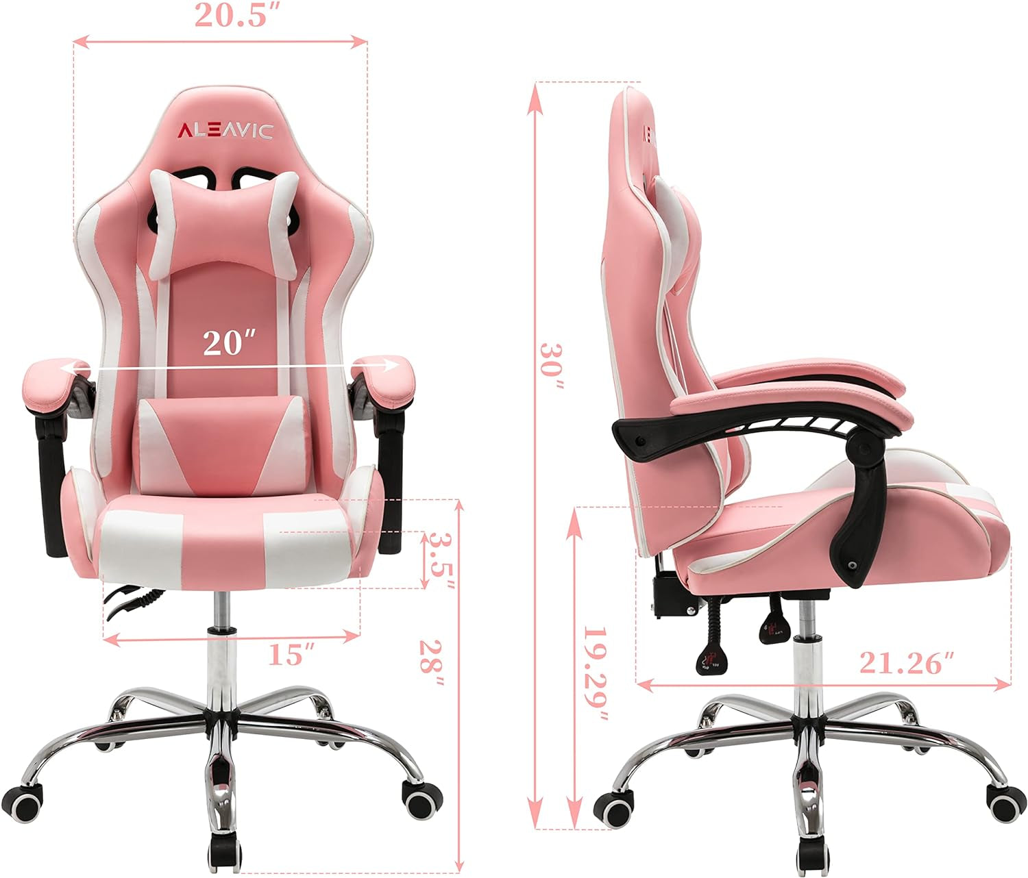 Gaming Chair with Massager, Fabric Gaming Chairs for Adults, Ergonomic Gamer Chair with Adjustable Headrest and Lumbar Support, Reclining Computer Game Chair, High Back, Pink White