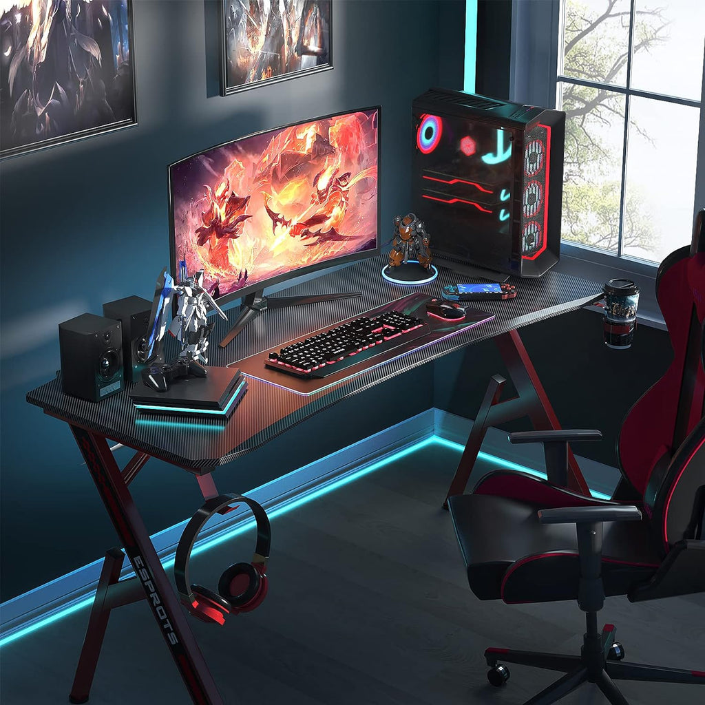 Gaming Desk 55 Inch PC Computer Desk, Home Office Desk Workstation, Professional Gaming Desk Table with Cup Holder & Headphone Hook