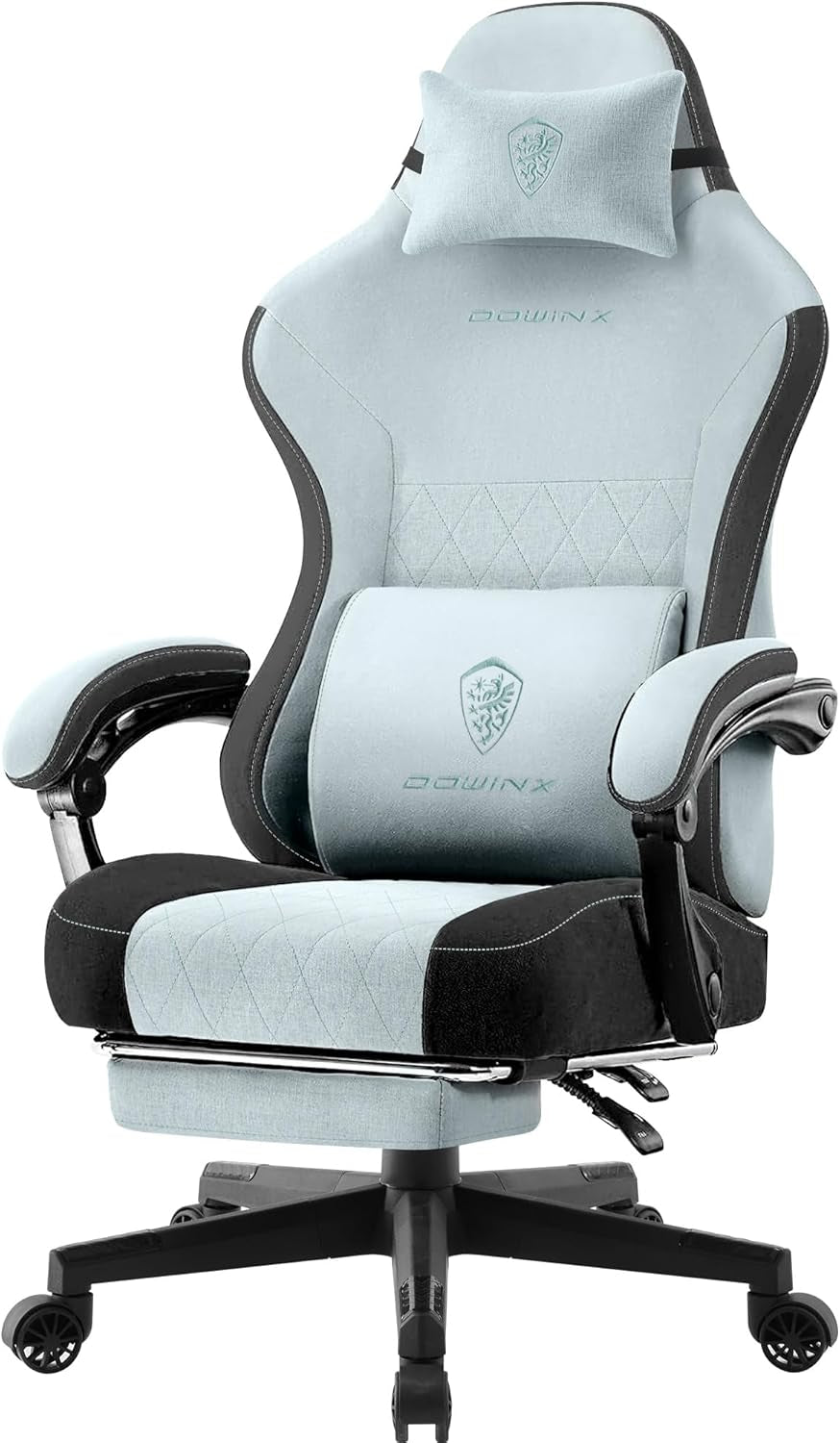 Gaming Chair, Breathable Fabric Computer Chair with Pocket Spring Cushion, Ergonomic Massage Gamer Chair with Lumbar Support and Footrest, Height Adjustable Office Game Chairs for Adults, Aqua