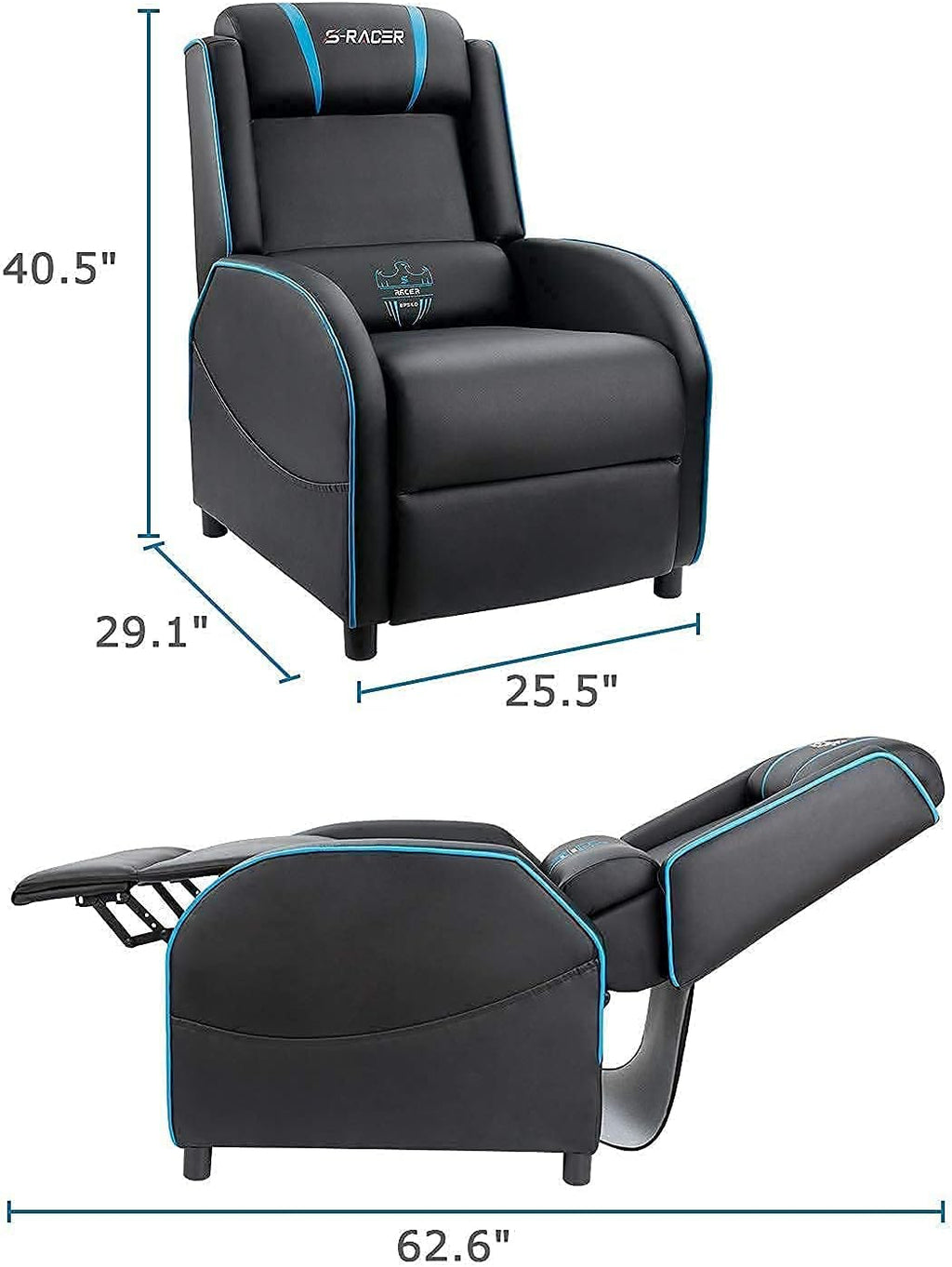 Massage Gaming Recliner Chair, Racing Style Gaming Sofa, PU Leather Home Theater Seating, Modern Living Room Recliners Ergonomic Comfortable Gamer Lounge (Blue)