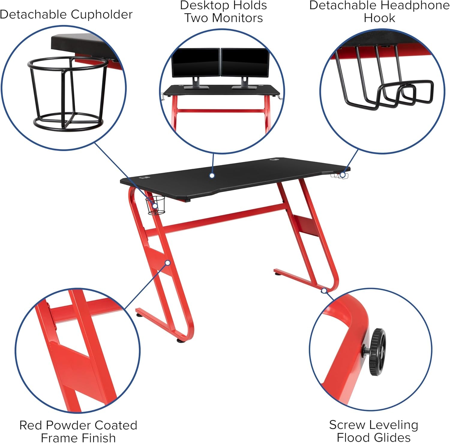 Gaming Bundle-Cup/Headphone Desk & Red Reclining Footrest Chair