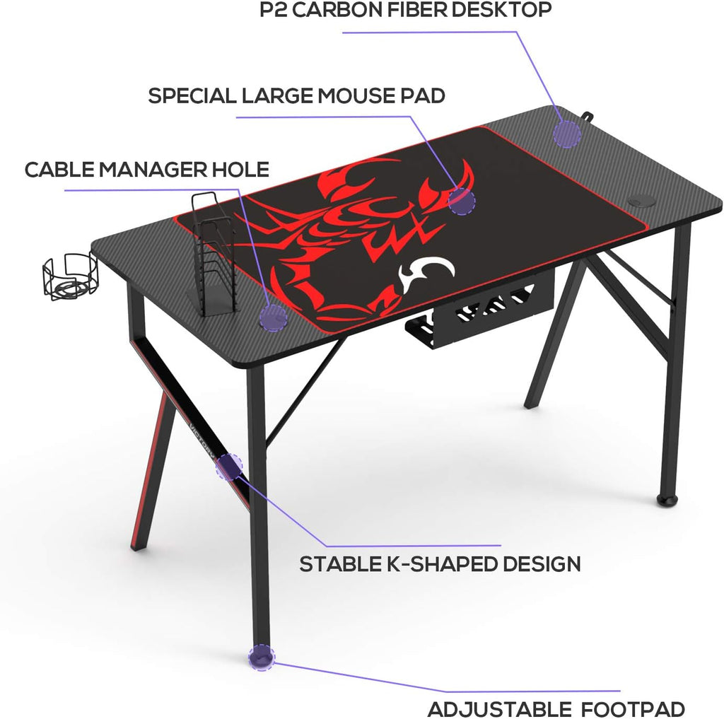 EE  Gaming Desk Office Desk Computer Desk Home Table 47 Inch Desk with Mouse Pad Headset Hook Cup Holder Controller Stand, Black