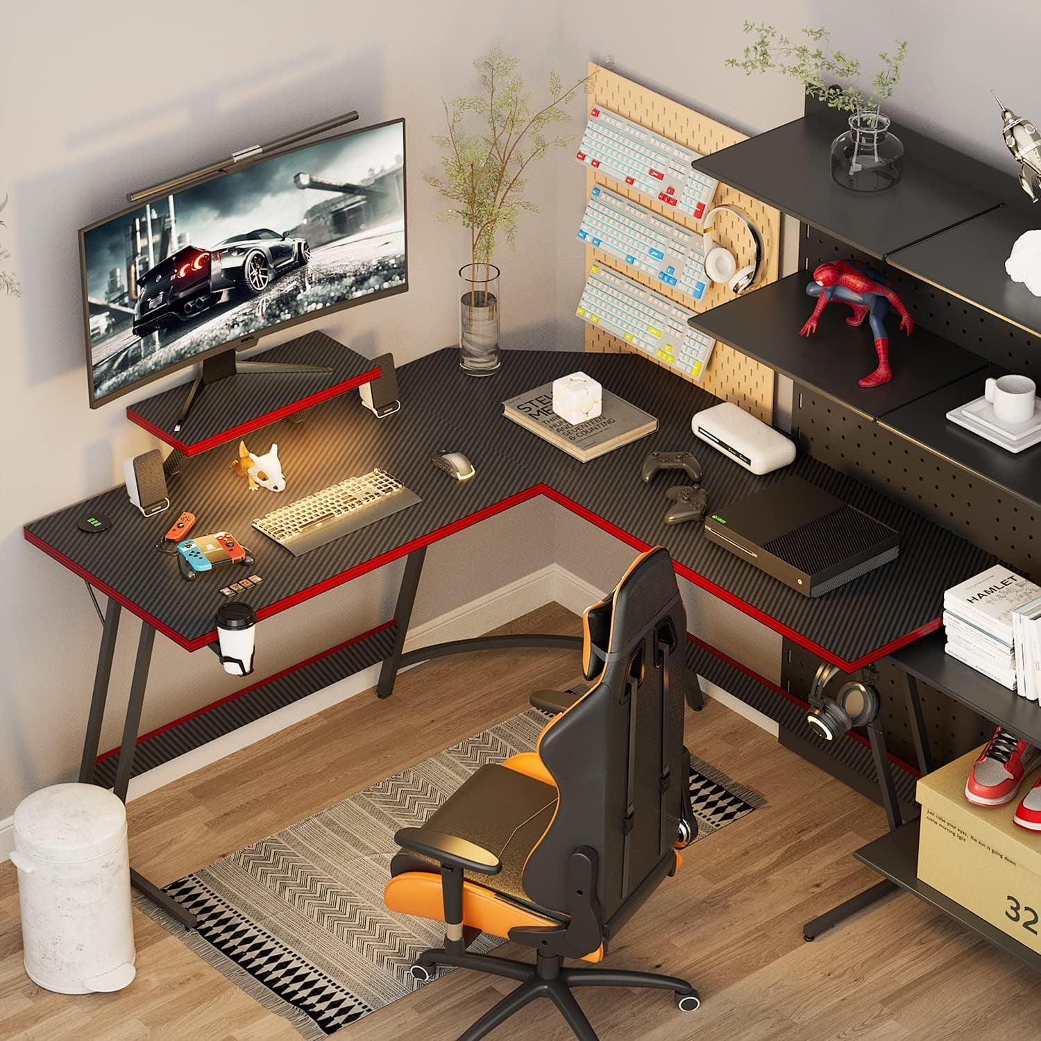 L Shaped Gaming Desk 51 Inch Computer Table, Carbon Fiber Surface Desktop, Monitor Stand with LED Strip, Cup Holder & Headphone Hook, 50.5 Inch, Black