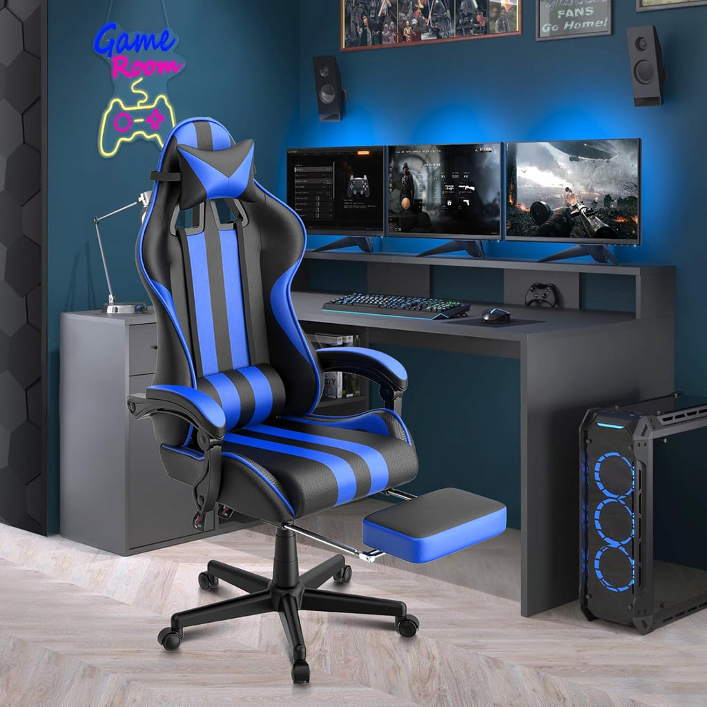 Blue Gaming Chairs with Footrest, PC Gaming Chairs for Adults Teens, Racing Style, Luxurious Comfort, Waterproof PU Leather