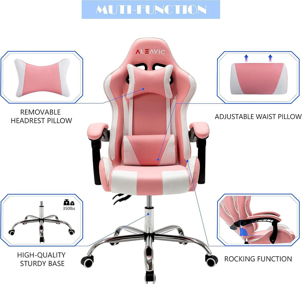 Gaming Chair with Massager, Fabric Gaming Chairs for Adults, Ergonomic Gamer Chair with Adjustable Headrest and Lumbar Support, Reclining Computer Game Chair, High Back, Pink White