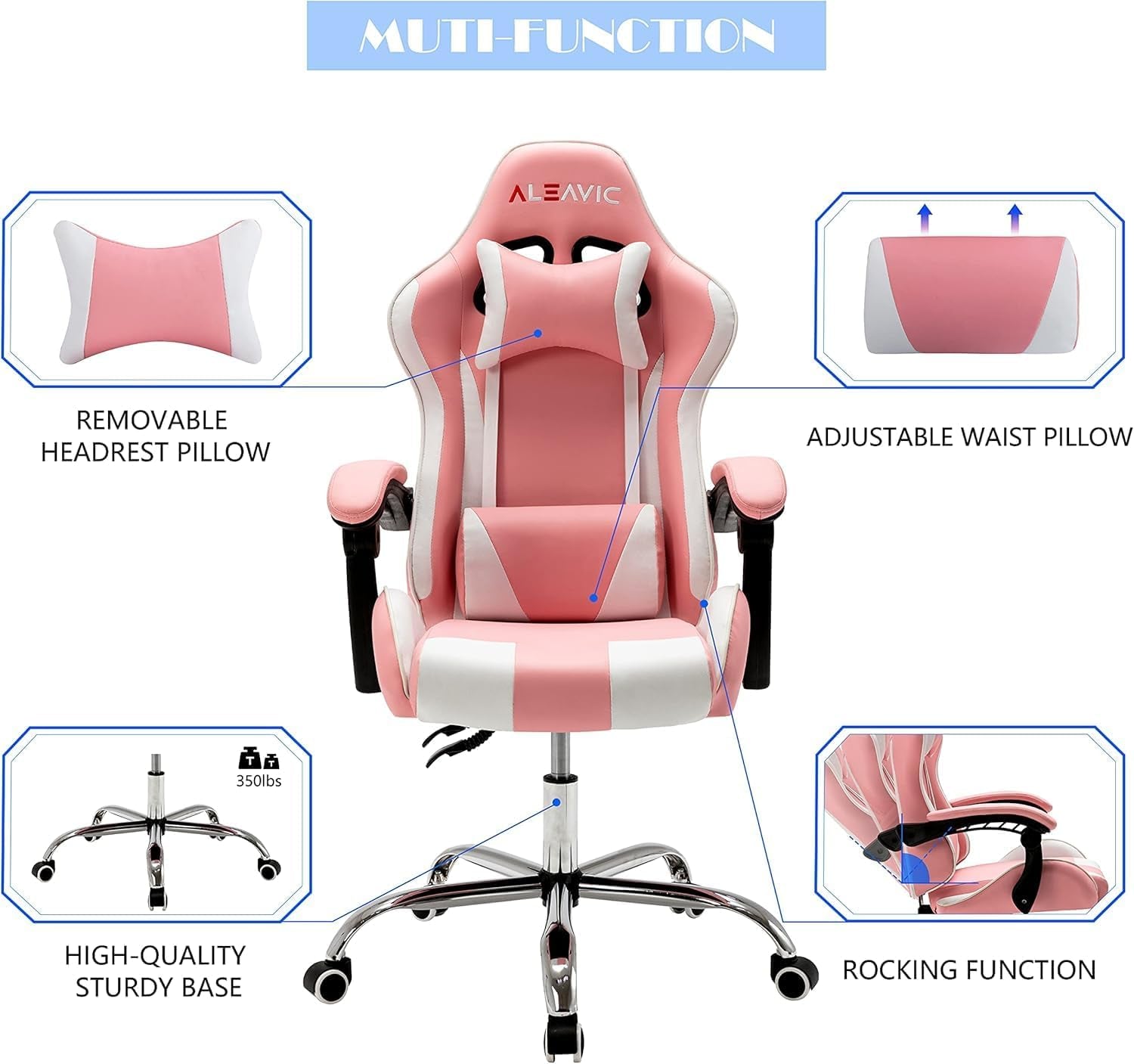 Gaming Chair with Massager, Fabric Gaming Chairs for Adults, Ergonomic Gamer Chair with Adjustable Headrest and Lumbar Support, Reclining Computer Game Chair, High Back, Pink White