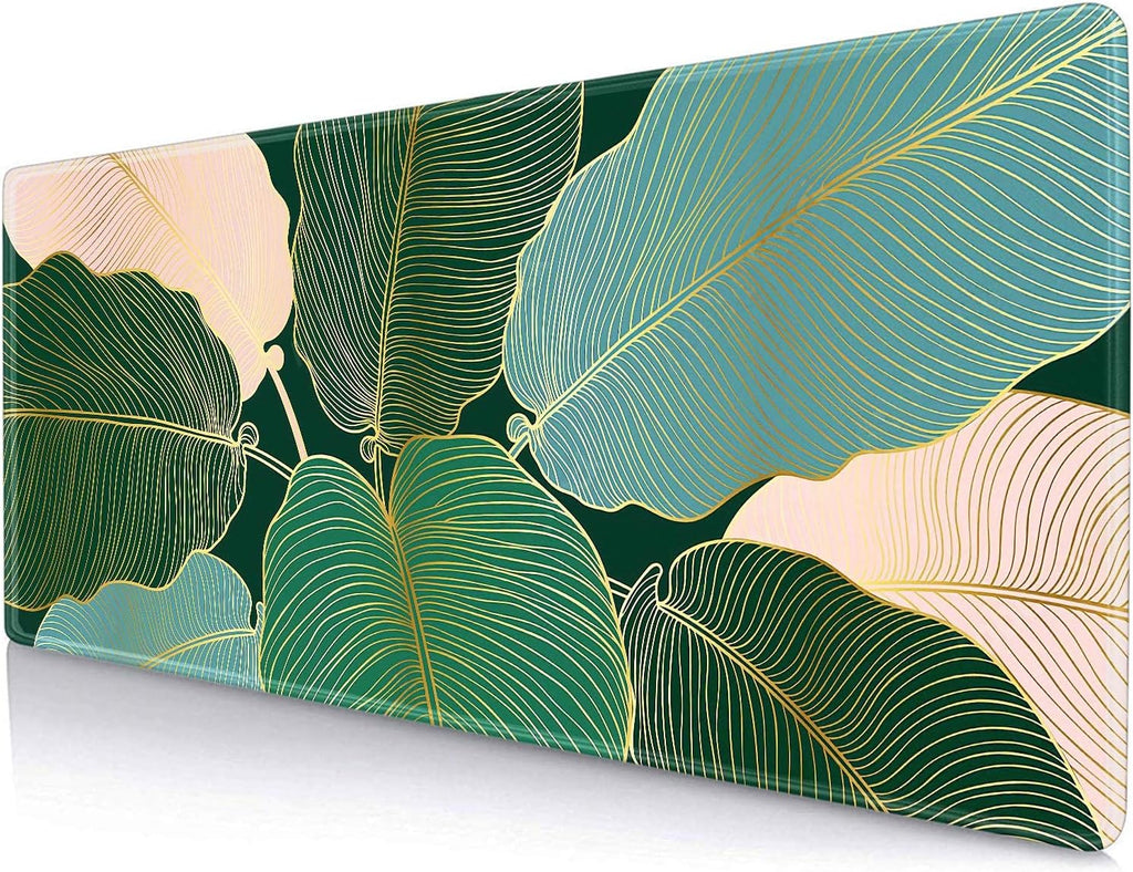 Desk Pad, Keyboard Mouse Pad, Large Anti-Slip Rubber Base Mousepad with Stitched Edges, Extended Long Mice Pad for Computer,Laptop,Work,Office, 31.5 X 11.8 Inch, Gold Green Leaves Line Art