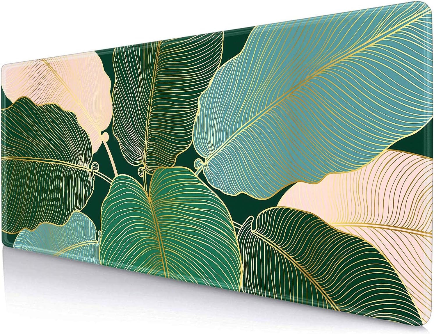 Desk Pad, Keyboard Mouse Pad, Large Anti-Slip Rubber Base Mousepad with Stitched Edges, Extended Long Mice Pad for Computer,Laptop,Work,Office, 31.5 X 11.8 Inch, Gold Green Leaves Line Art