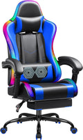 Gaming Chair with LED Lights, Footrest and Massage Lumbar Support, Ergonomic Computer Seat Height Adjustable with 360°Swivel and Headrest, Blue with RGB