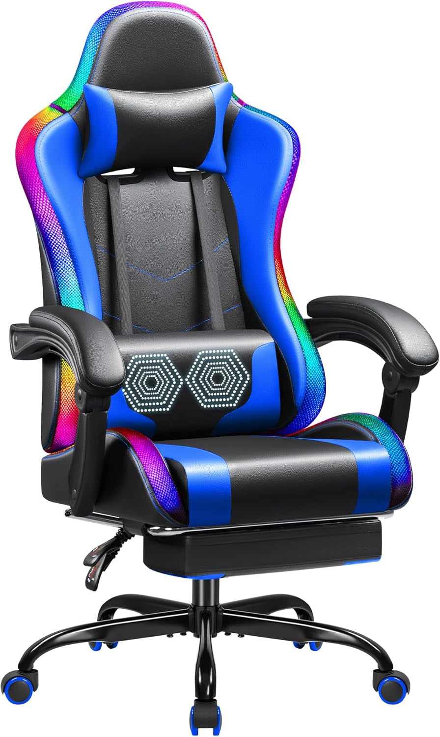 Gaming Chair with LED Lights, Footrest and Massage Lumbar Support, Ergonomic Computer Seat Height Adjustable with 360°Swivel and Headrest, Blue with RGB