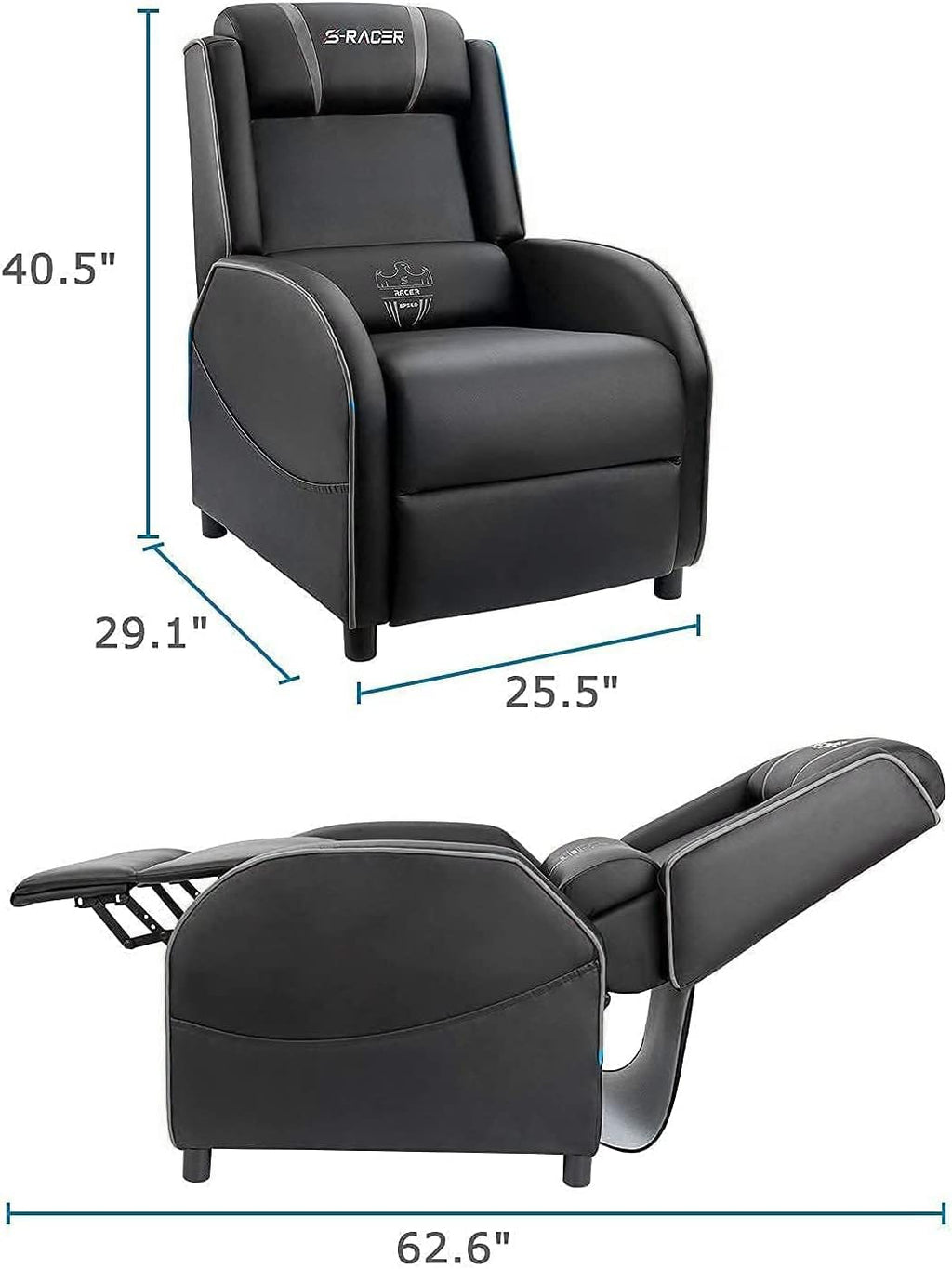Massage Gaming Recliner Chair, Racing Style Gaming Sofa, PU Leather Home Theater Seat, Living Room Ergonomic Comfortable Gamer Lounge(Grey)